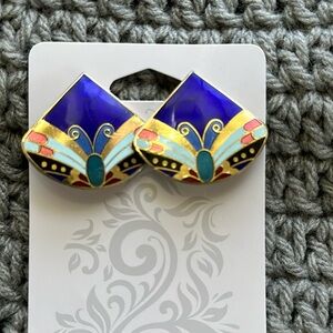 Cloisonne Clip Earrings Abstract Butterfly Royal Blue Gold tone Excellent cond